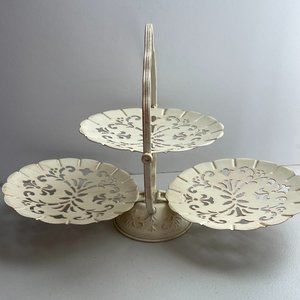 Folding Metal Display Serving 3-tier Tray Floral Laser Cut Decor 10.5” H